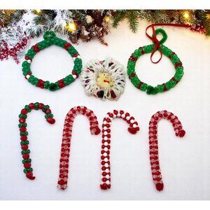 Handmade Beaded Christmas Tree Ornaments Wreath Candy Cane Lot of 7
